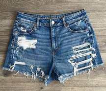 American Eagle Mom Shorts Size 10 Dark Blue Wash Distressed Denim Stretch