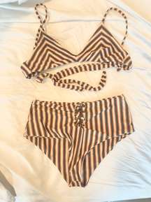 striped brown and white high waisted bathing suit