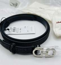 Salvatore Ferragamo Gancini Crystal-Embellished Black Nero Leather Belt  $580