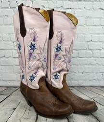 Double H Sonora Wedding Heeled Cowboy Boots Size 7.5 Embroidered Pink Brown