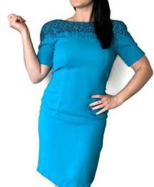 Oleg Cassini Vintage Electric Blue Beaded Sheath Dress Size 8