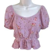 Belle Du Jour Pink Floral Crop Top Pullover Shirt Blouse XS V Neck Stretchy