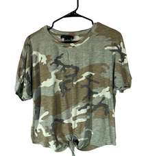 Sanctuary Green Camouflage Short Sleeve Cotton Blend Front Tie Shirt Women Sz S