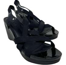 Women’s 10 Patent Leather Black Sandals Stretch Sling Stap Wedges