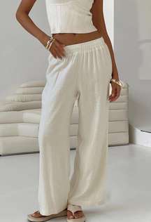 White Linen Blend Wide Leg Elastic Waist Pull On Lined Pants