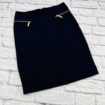 Michael Kors Gold Zipper Stretch Pencil Skirt Size 4 Navy‎ Blue Knee Length