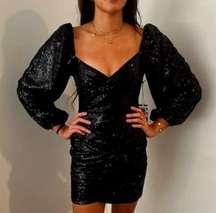 FIESTAR Black Sequined Ruched Puff Long Sleeve Mini Party Dress Size Small