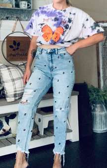light wash butterfly embroidered distressed boyfriend crop jeans