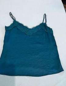 Women's Lace Trim Sleeveless V-Neck Strappy Camisole Top Dark Green Size Small