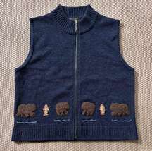 Woolrich Women’s Vest Dark Indigo LambsWool Embroidered Bear Fish Sz Medium