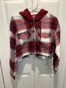 Hooded Drawstring Button Front Cropped Plaid Fleece Casual Jacket