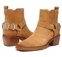 Bellamie Harness Booties Camel Leather Suede Tan Edgy Ankle Boots 7