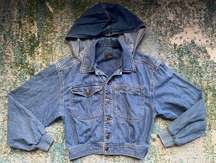 Vintage 80s Lizwear denim hooded zipper bomber jacket, size small