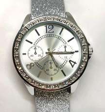 FMD women’s watch silver tone rhinestones Quartz analog 38mm leather band runnin