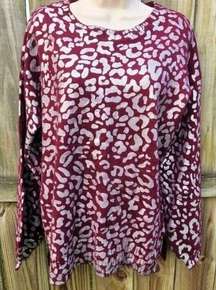 NWT Kori America Burgundy Foil Leopard Print Sweater Women's Medium CrewNeck