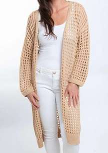 Pink Lily Cream Long Open Knit Crochet Cardigan Size S