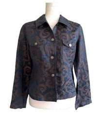 J. Jill Jacket Top Blue Brown Scroll Linen Silk Blend Lightweight Jacket Size 4