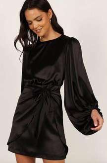 Petal & Pup Opal Black Satin Long Balloon Sleeve Wrap Mini Dress 14