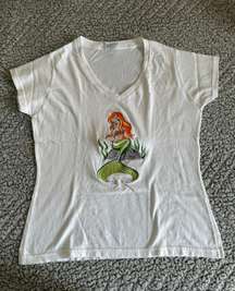 White Vneck T-shirt Green Mermaid Embroidered