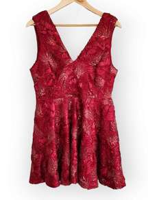 Trac Red Lace Sequin Deep V Neck Fit and Flare Mini Dress L