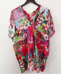 Natori Josie Multicolor Printed Cold Shoulder Caftan Tunic Top Size Small Floral