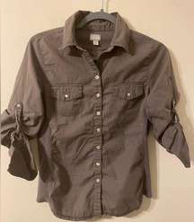 Womens Converse One-Star Brown Button Front Button Sleeve Shirt Sz Medium