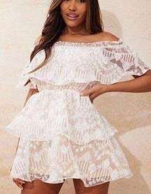 White lace Bardot ruffle tiered dress size 8 NWT