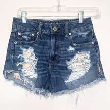 Dark Wash High Rise Festival Distressed Jean Shorts!