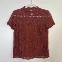 Bohme High Neck Lace Short Sleeve Blouse Top with Keyhole Back V Front Detail