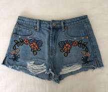 Floral Embroidered Cut Off Denim Shorts