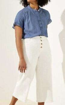 Loft | High Waisted Wide Leg Cropped White Jeans Raw Hem Size 16