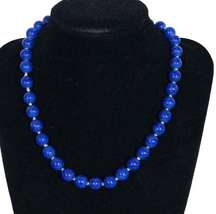 Vintage Blue Glass Bead Necklace Knotted 8mm Gold Flecks 16.5" Retro Classic