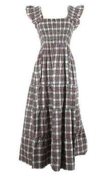 NWT Hill House Ellie Nap Dress in Multi Tartan Plaid Smocked Midi Ruffle S