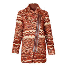 Free People Women's Size L Henna Coat Asymmetrical Zip Brown Printed Tribal Knit