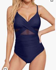 Women One Piece Bathing Suits Tummy Control Swimsuits Cutout Mesh Front Cross