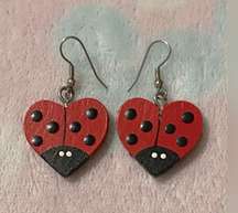 Hart shaped ladybug earrings made of petrified wood (vintage) 