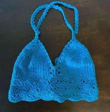 Bali Moon Hawaii Crochet Blue Halter Crop Festival Tie Top Boho Hippy OS