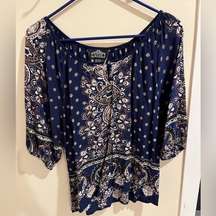 Angie Size Large Navy Blue 3/4 sleeve Paisley 100% Rayon Blouse