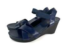 Lauren  LRL Navy Blue Leather Strappy Black Wedge Sandal Heels 10