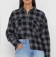 Oak + Fort Black Plaid Cropped Flannel Collared Shirt