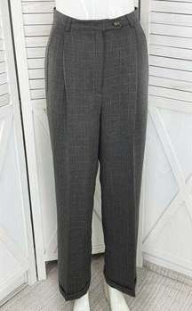 Geoffrey Beene Windowpane High Waist Cuff Hem Straight Leg Trouser Pants Grey 8