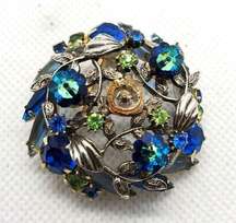 Vintage Blue, Green, & Silver Floral Brooch