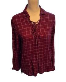 Harper Lace Up Grid Print Blouse Sz L