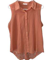 EDGE Orange Sleeveless Blouse L Lace Panel Button Front Button Back Collared