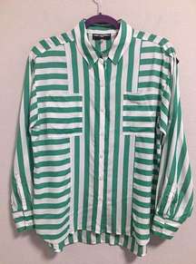 Womens Karl Lagerfeld Top Green White Striped Button Up Roll Tab Sleeve Shirt S