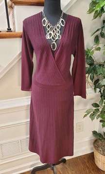 Kasper Women's Maroon Acrylic Long Sleeve V-Neck Knee Length Knit Dress Size L