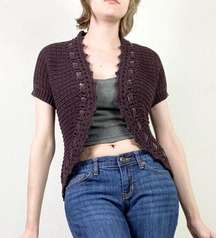 Vintage y2k Loft Brown Crochet Knit Velvet Ribbon Shrug Cardigan Sweater