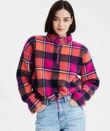 American Eagle Plaid Crop Teddy Sherpa Fleece Jacket M