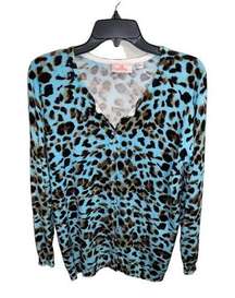 Quacker Factory Blue Animal Print Button Down Cardigan Long Sleeve | Size S