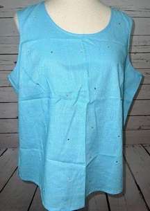 Quacker Factory Sleeveless Shirt Tank Top Cami Large Linen blend Rhinestone Blue